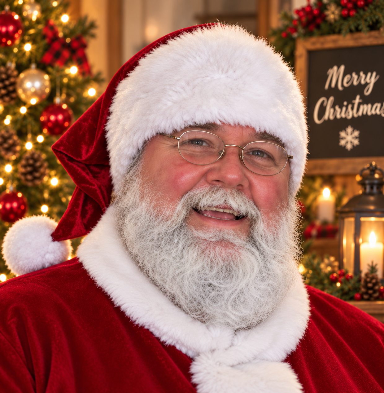 Santa Jeff smiling beside Christmas lights and decorations